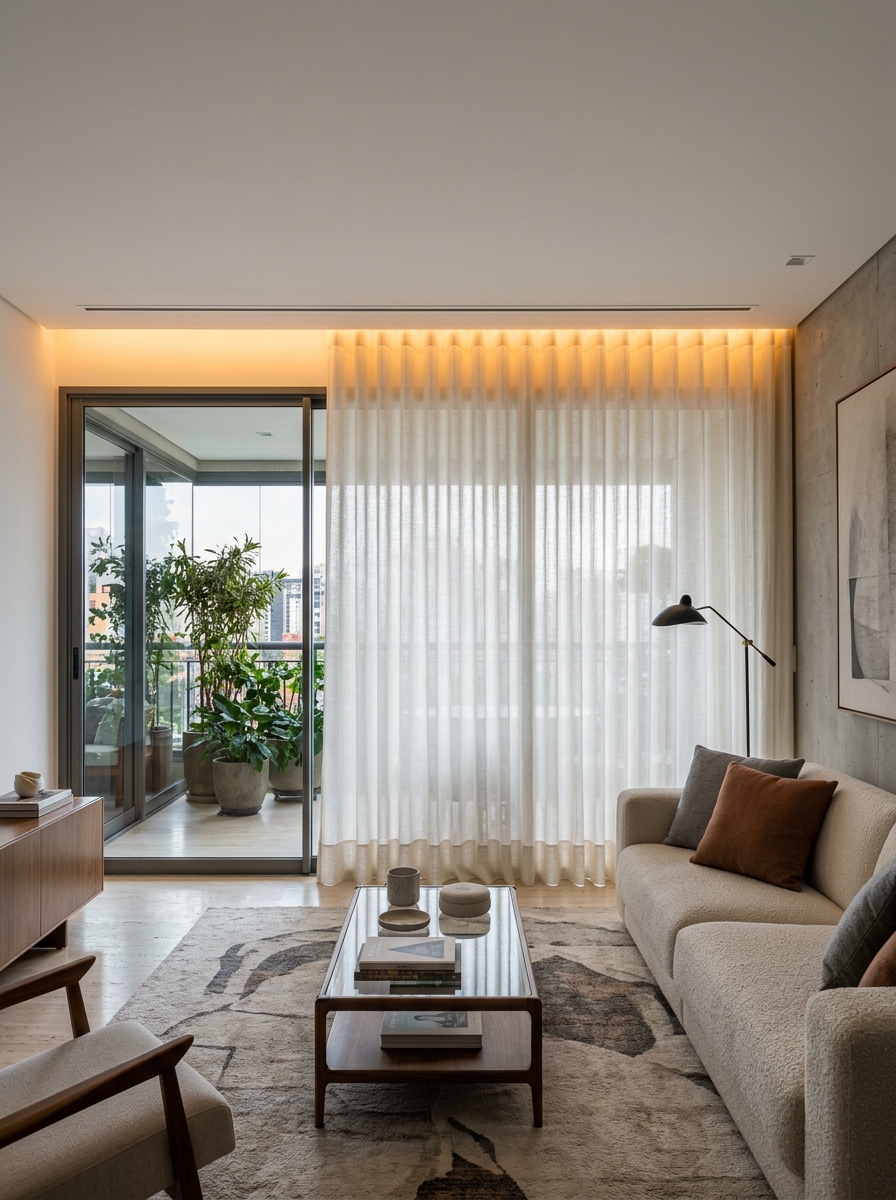Cortina com prega wave embutida em cortineiro de gesso com fita de LED